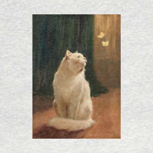 Painting of a white cat looking at butterflies by mike11209